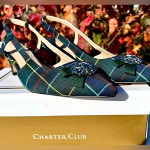 🎉Charter Club Lollee NEW! Tartan Navy Plaid Kitten Heel SlingbacksW Sequin Sz9.5